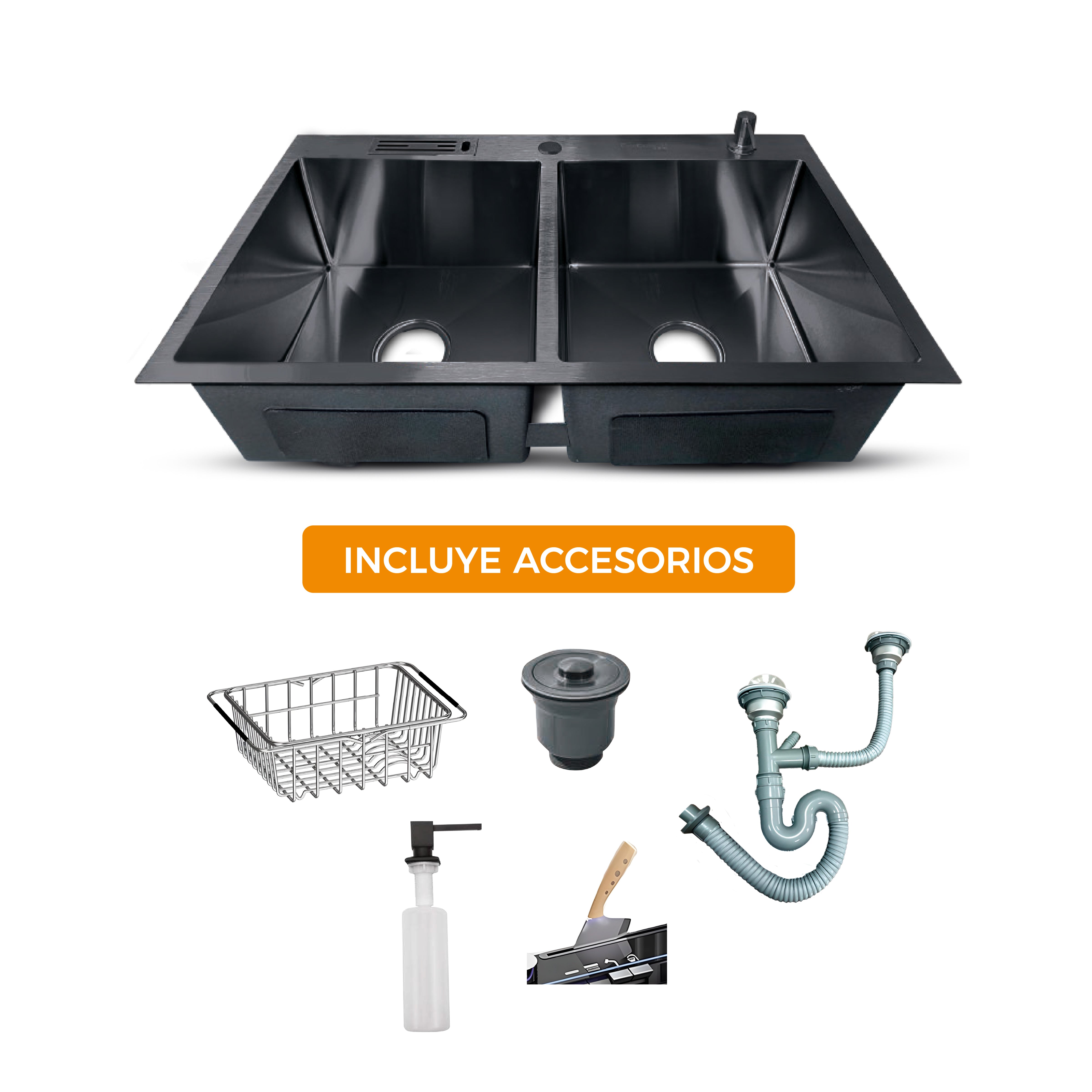 Prm-8448B Lavadero Prime De Acero Inox. Black Doble Poza C/Acces. 84X48X23Cm - Fratelli